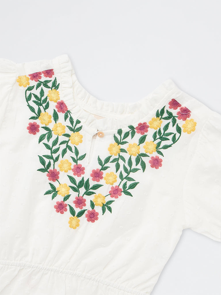 Utsa Kids Girls White Floral Embroidered Cotton Top (8-14 yrs)
