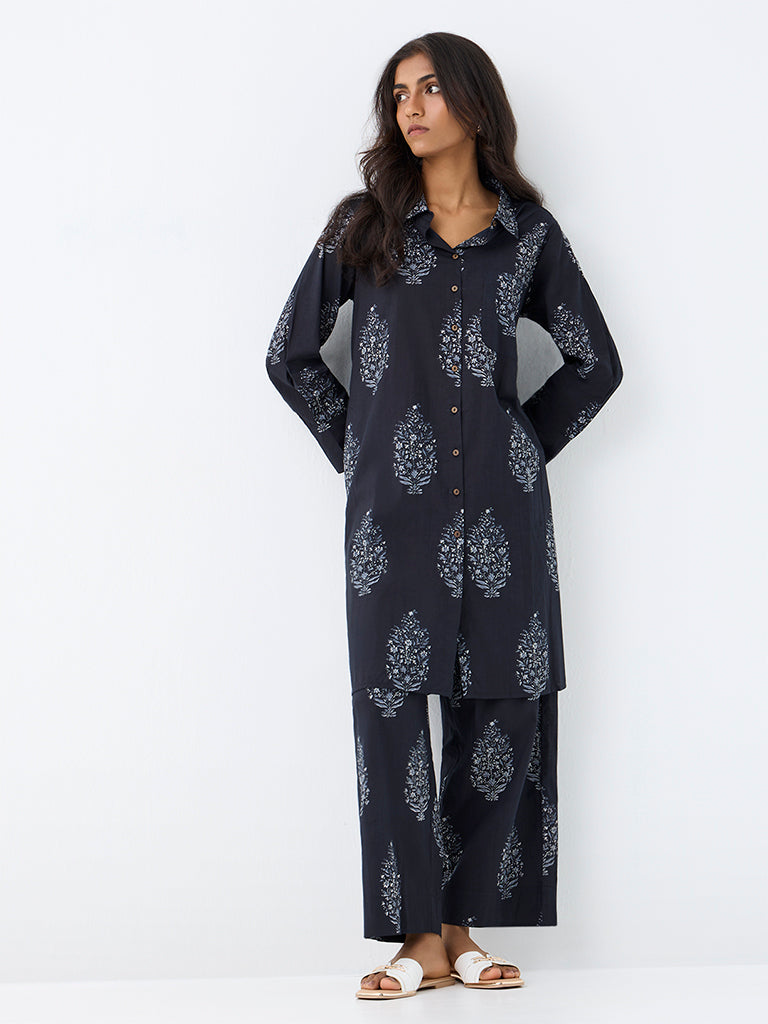 Utsa Dark Navy Floral Printed Cotton A-Line Kurta