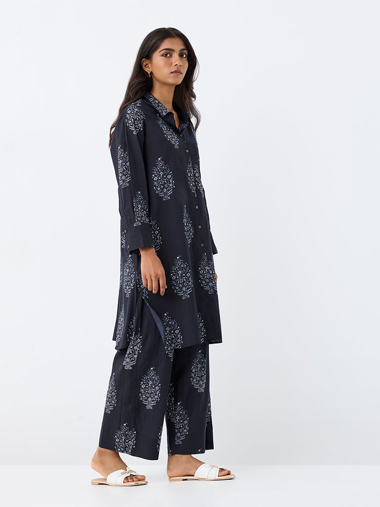 Utsa Dark Navy Floral Printed Cotton A-Line Kurta