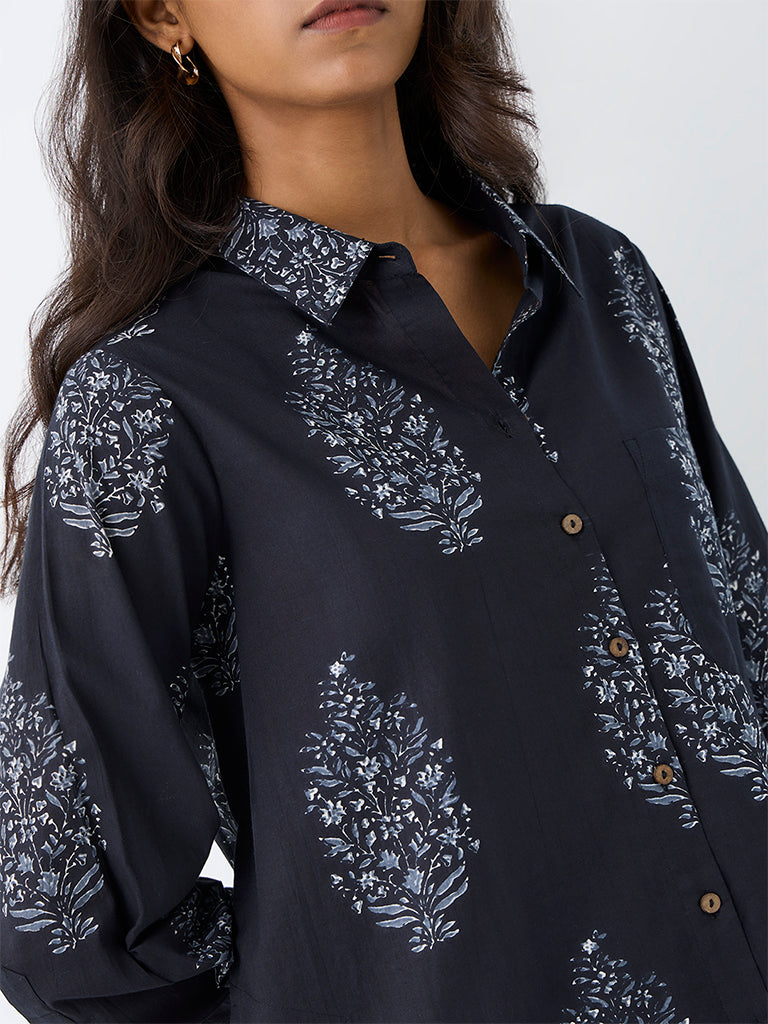 Utsa Dark Navy Floral Printed Cotton A-Line Kurta