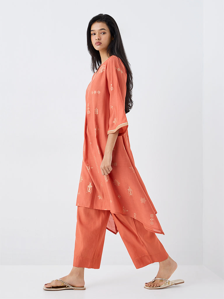 Utsa Orange Printed A-Line Kurta