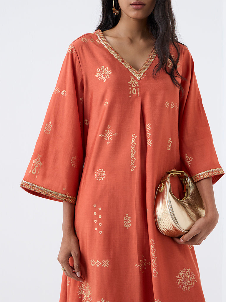 Utsa Orange Printed A-Line Kurta