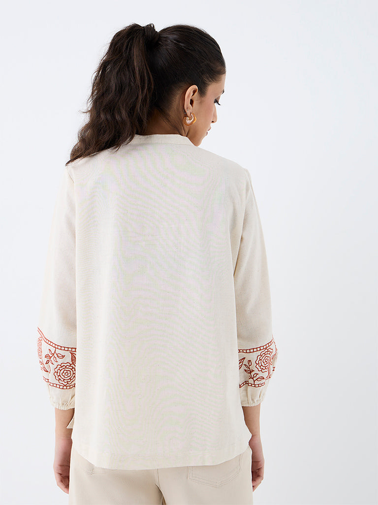 Utsa Off-White Floral Detailed Cotton-Blend Tunic