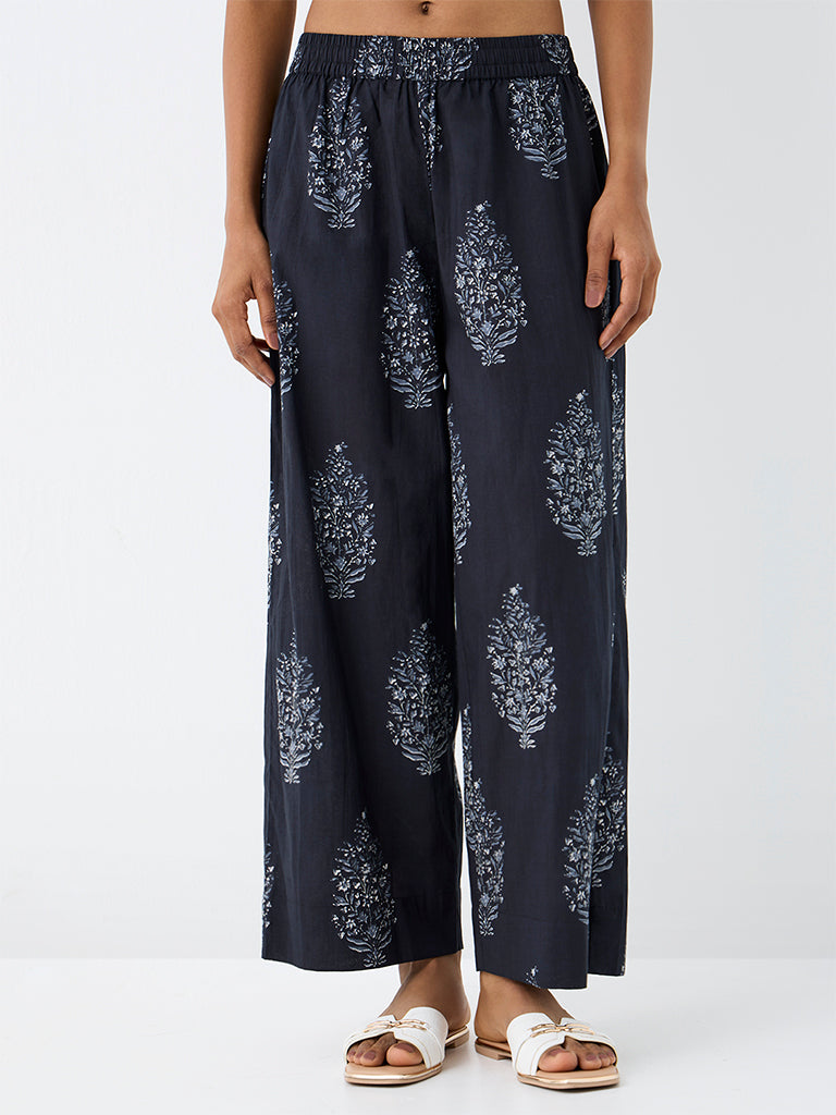 Utsa Dark Navy Floral Printed Cotton Pants
