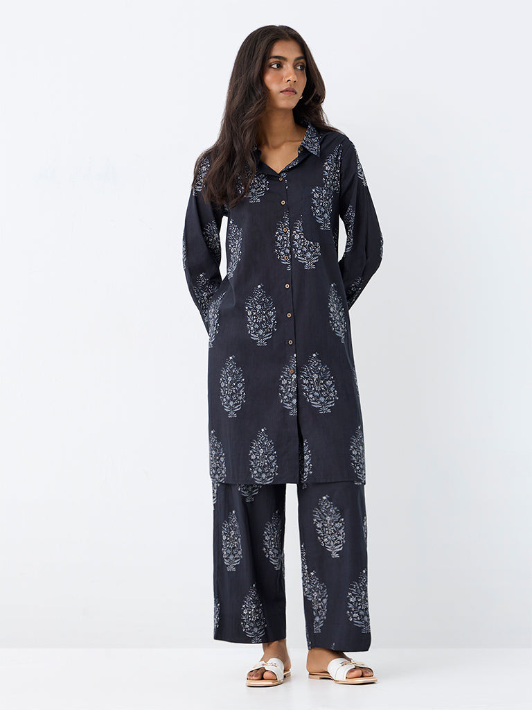 Utsa Dark Navy Floral Printed Cotton Pants