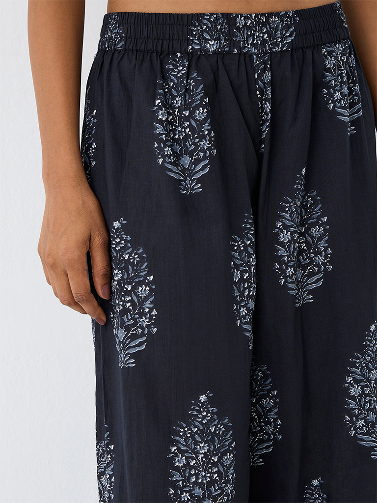 Utsa Dark Navy Floral Printed Cotton Pants