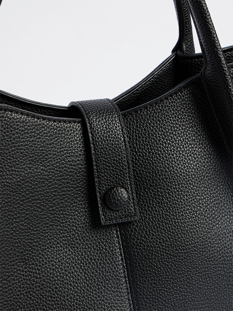 Westside Black Textured Handbag with Sling Handle