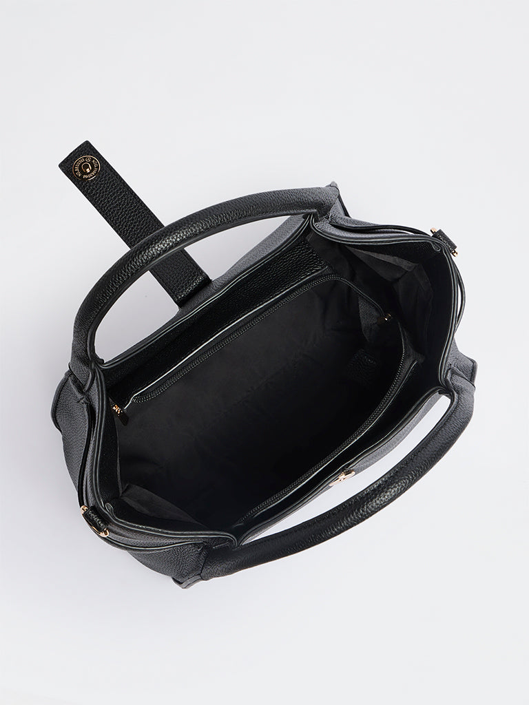 Westside Black Textured Handbag with Sling Handle