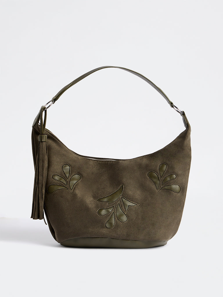 Westside Dark Olive Botanical Design Suede Hobo Shoulder Bag