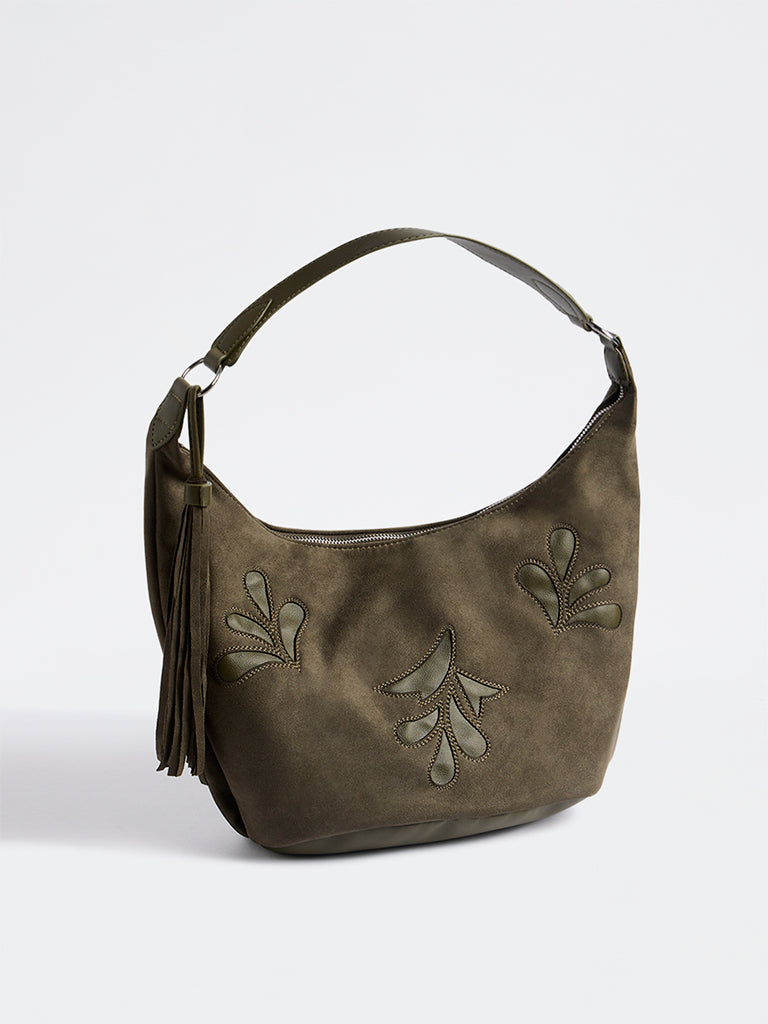 Westside Dark Olive Botanical Design Suede Hobo Shoulder Bag