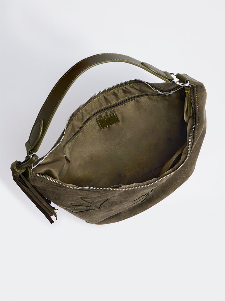 Westside Dark Olive Botanical Design Suede Hobo Shoulder Bag