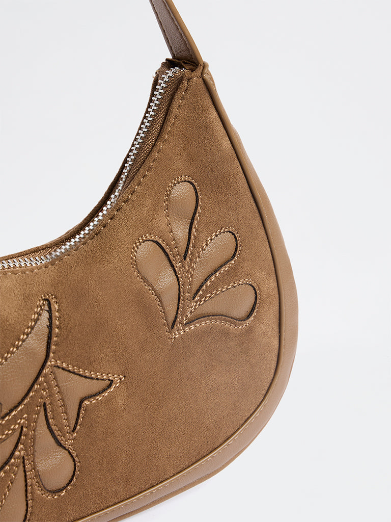 Westside Brown Botanical Design Suede Shoulder Bag