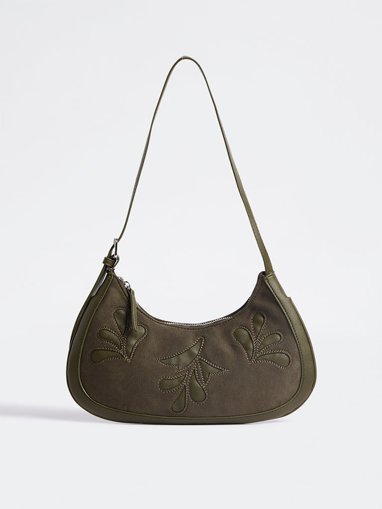 Westside Dark Olive Botanical Design Suede Shoulder Bag