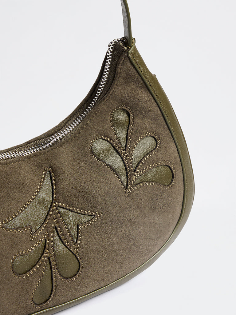 Westside Dark Olive Botanical Design Suede Shoulder Bag