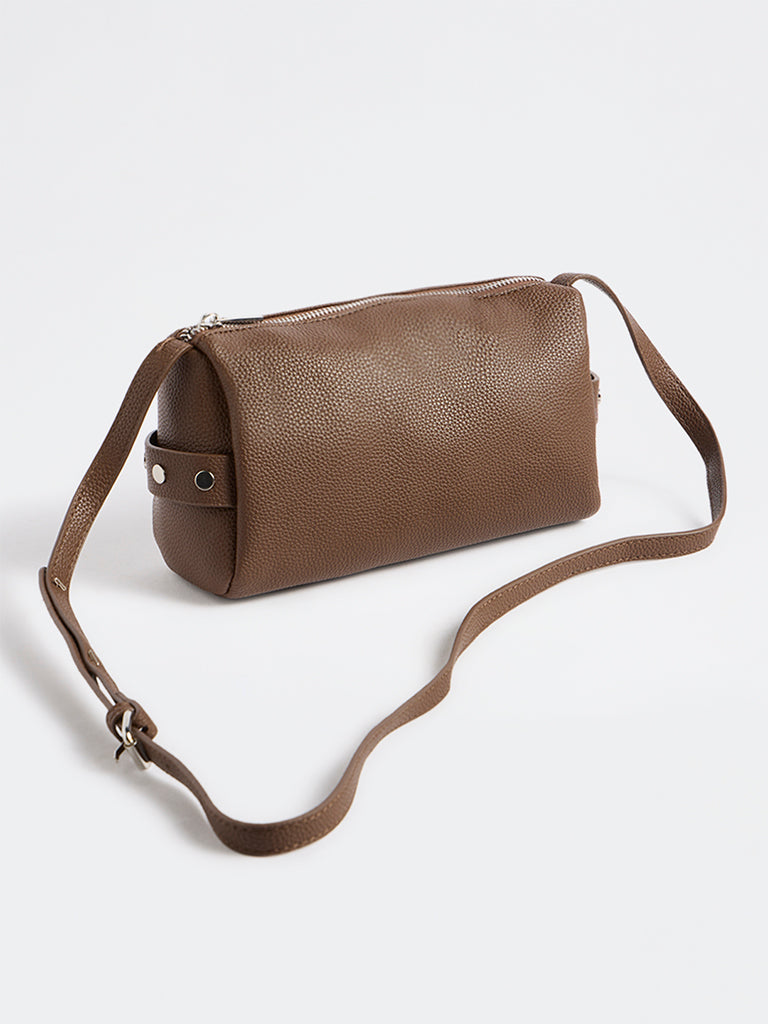 Westside Brown Textured Stud-Detail Sling Bag