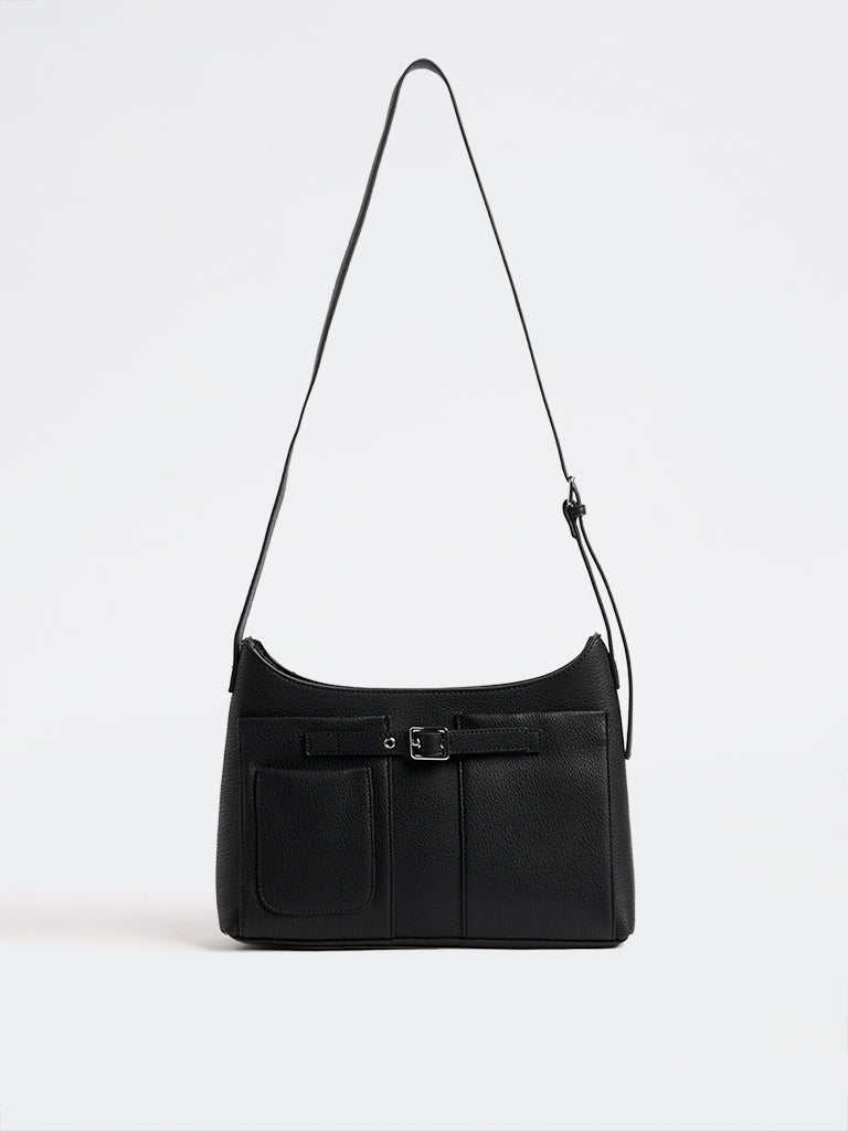 Westside Black Textured Buckle-Detail Crossbody Sling Bag