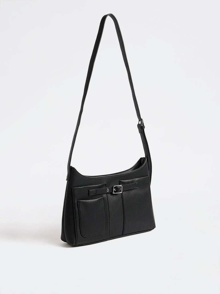 Westside Black Textured Buckle-Detail Crossbody Sling Bag