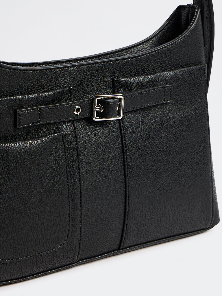 Westside Black Textured Buckle-Detail Crossbody Sling Bag