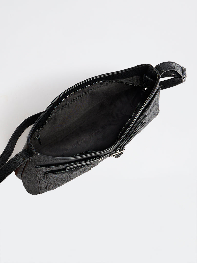 Westside Black Textured Buckle-Detail Crossbody Sling Bag