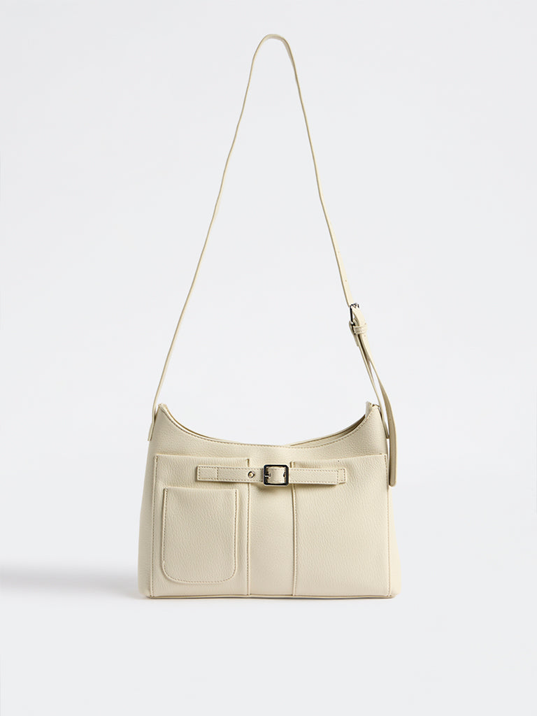 Westside Cream Textured Buckle-Detail Crossbody Sling Bag