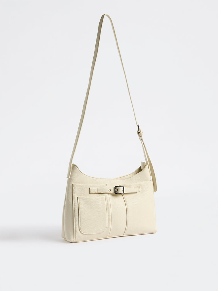Westside Cream Textured Buckle-Detail Crossbody Sling Bag