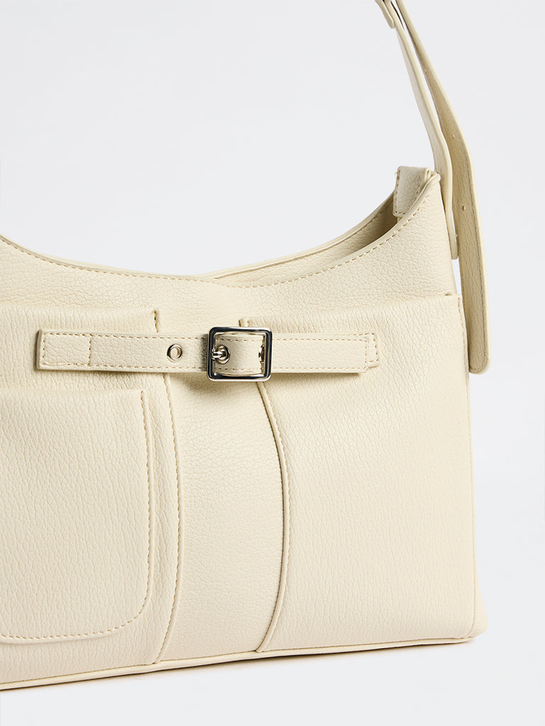 Westside Cream Textured Buckle-Detail Crossbody Sling Bag