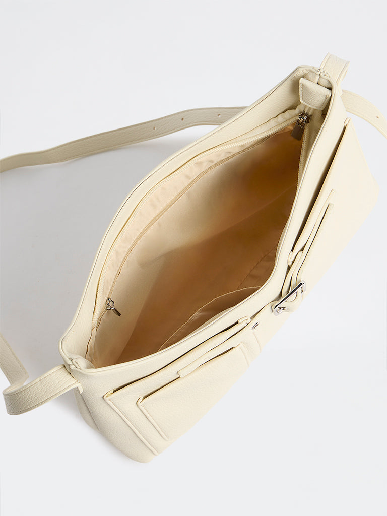 Westside Cream Textured Buckle-Detail Crossbody Sling Bag