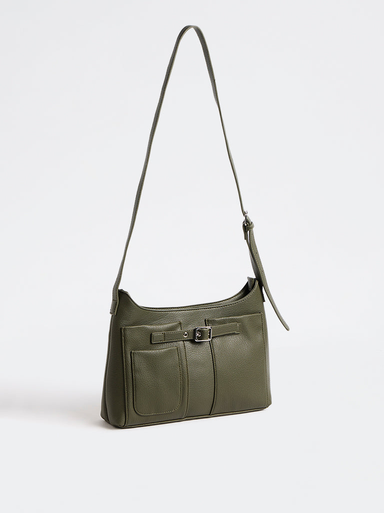 Westside Olive Textured Buckle-Detail Crossbody Sling Bag