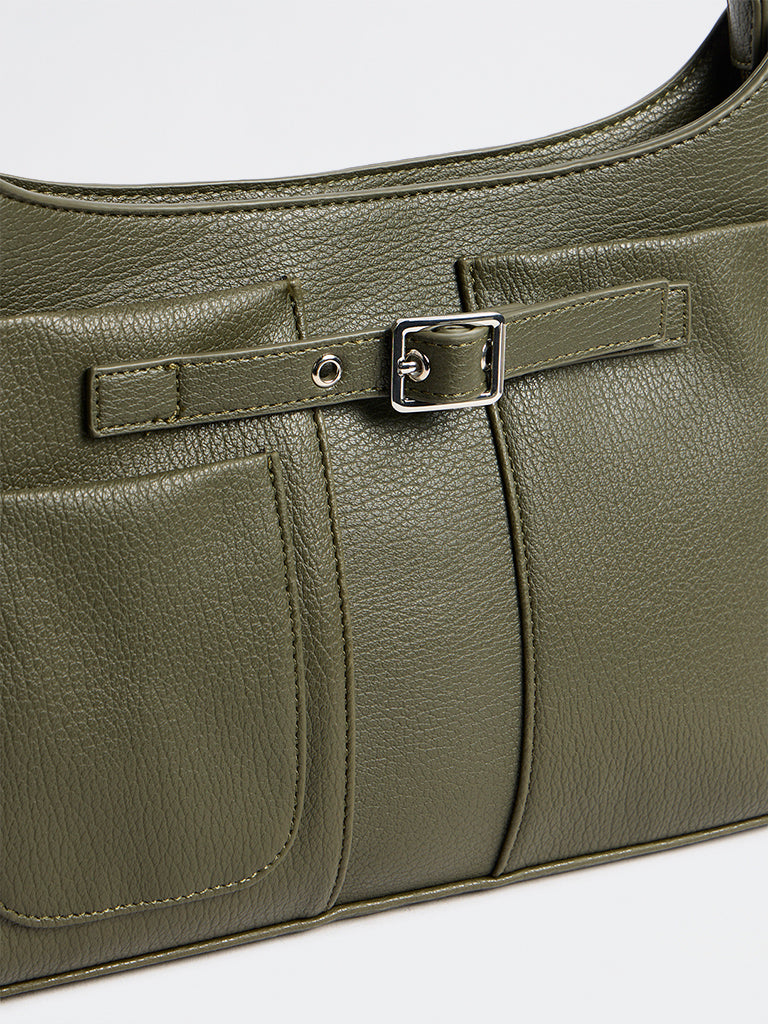 Westside Olive Textured Buckle-Detail Crossbody Sling Bag