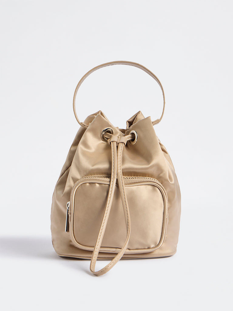 Westside Beige Drawstring-Detail Bucket Sling Bag