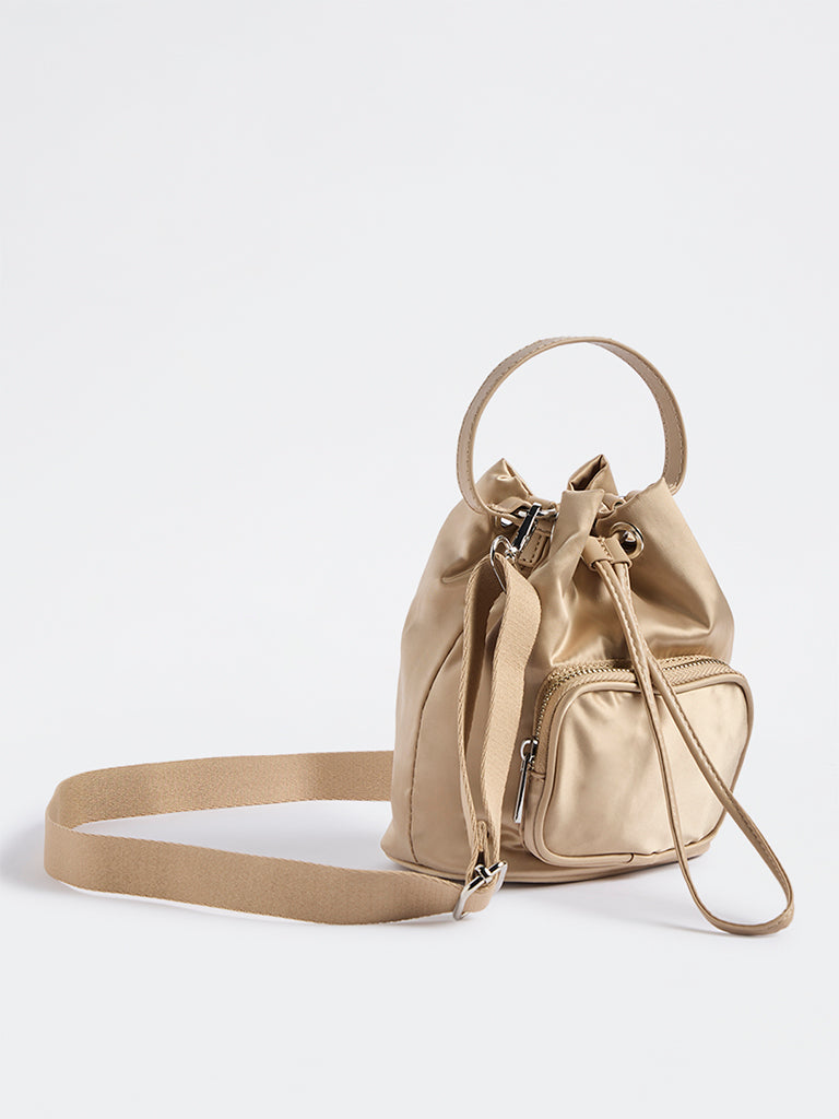 Westside Beige Drawstring-Detail Bucket Sling Bag