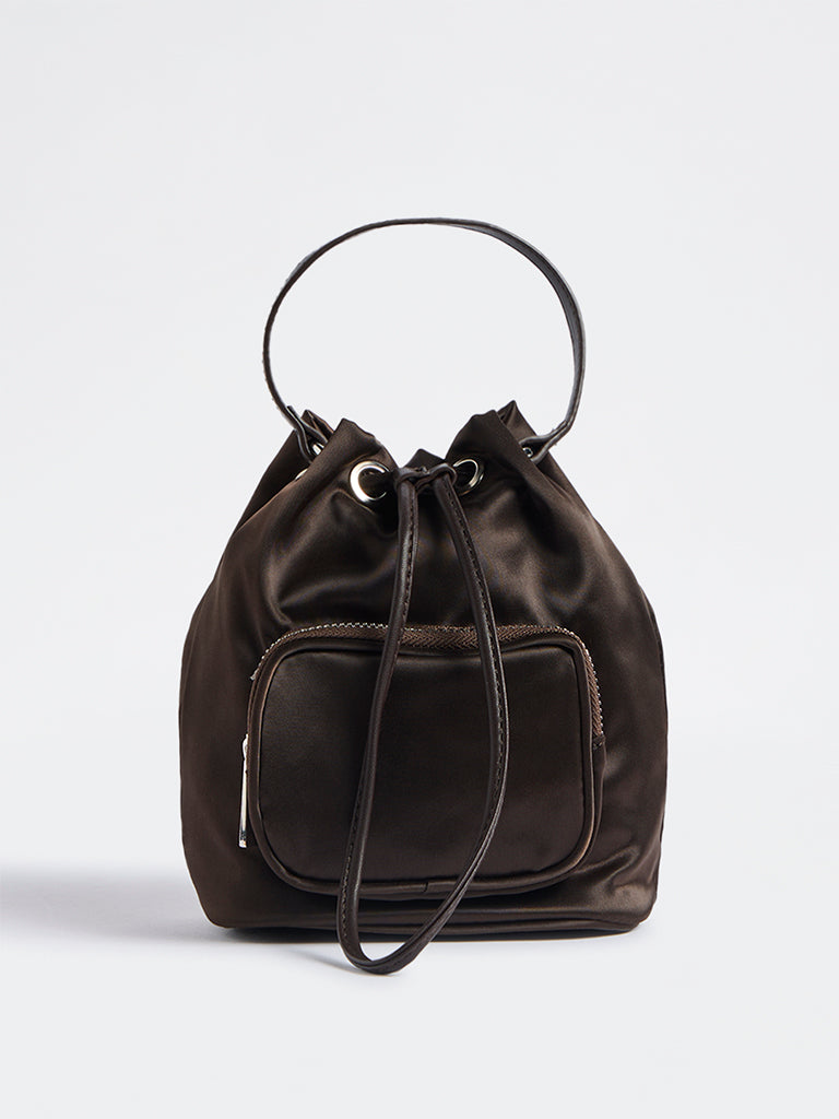 Westside Dark Brown Drawstring-Detail Bucket Sling Bag