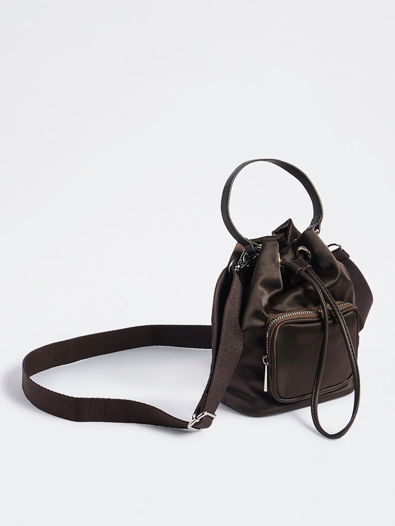 Westside Dark Brown Drawstring-Detail Bucket Sling Bag