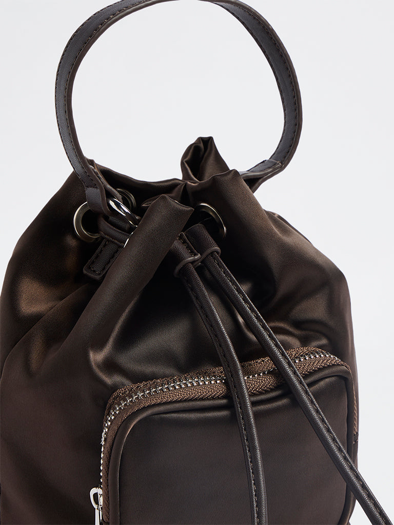 Westside Dark Brown Drawstring-Detail Bucket Sling Bag