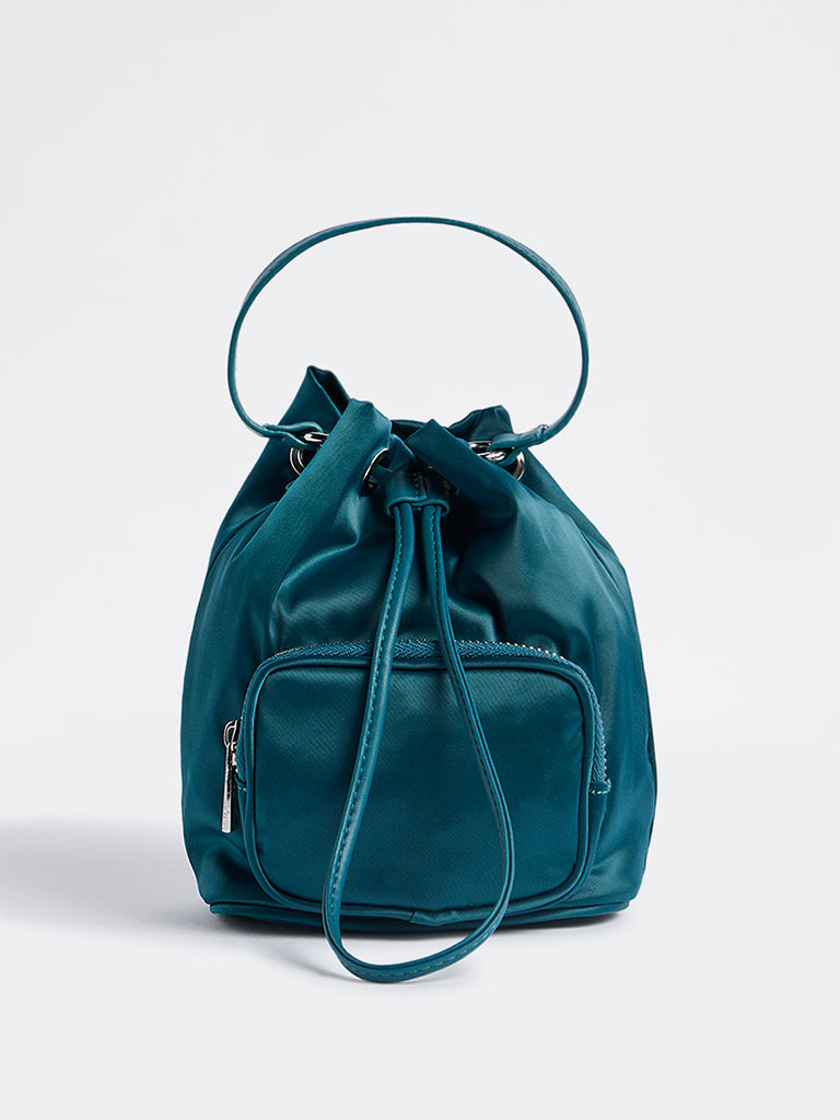 Westside Teal Drawstring-Detail Bucket Sling Bag