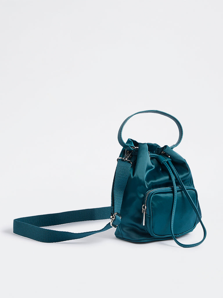 Westside Teal Drawstring-Detail Bucket Sling Bag