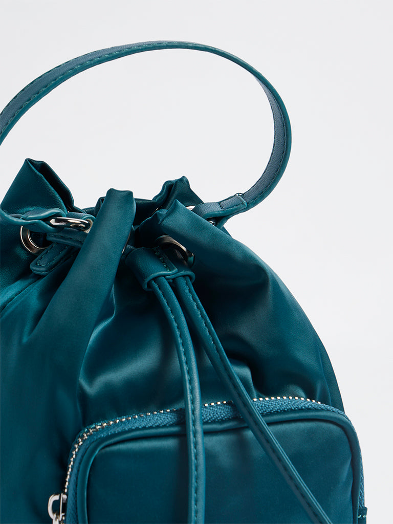 Westside Teal Drawstring-Detail Bucket Sling Bag