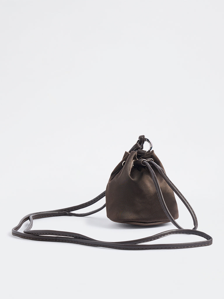 Westside Dark Brown Drawstring-Detail Bucket Sling Bag