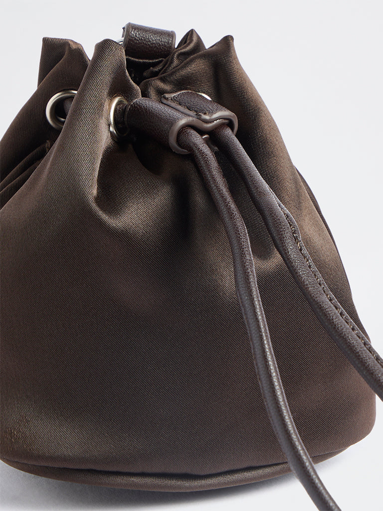 Westside Dark Brown Drawstring-Detail Bucket Sling Bag