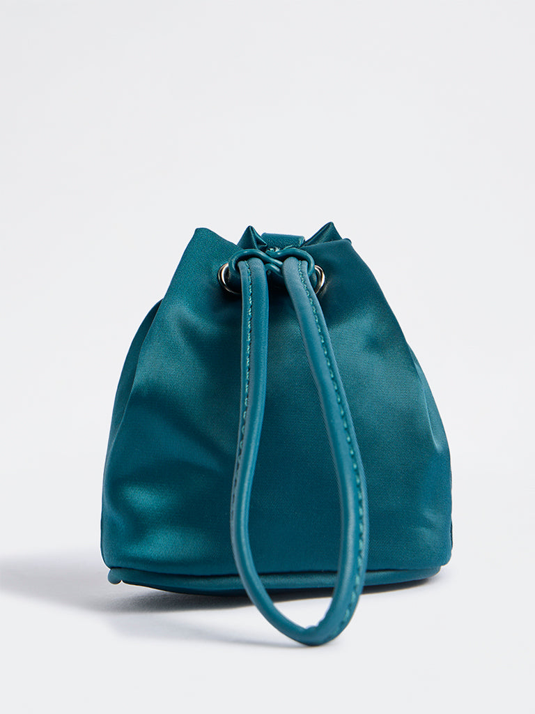 Westside Teal Drawstring-Detail Bucket Sling Bag