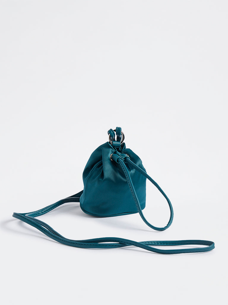 Westside Teal Drawstring-Detail Bucket Sling Bag