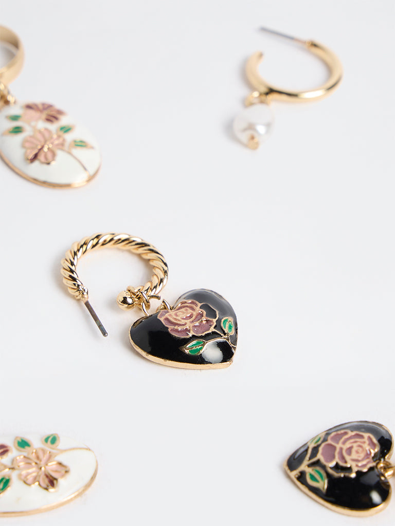 Westside Accessories Black and White Floral Hoop Earrings - Pack of 3