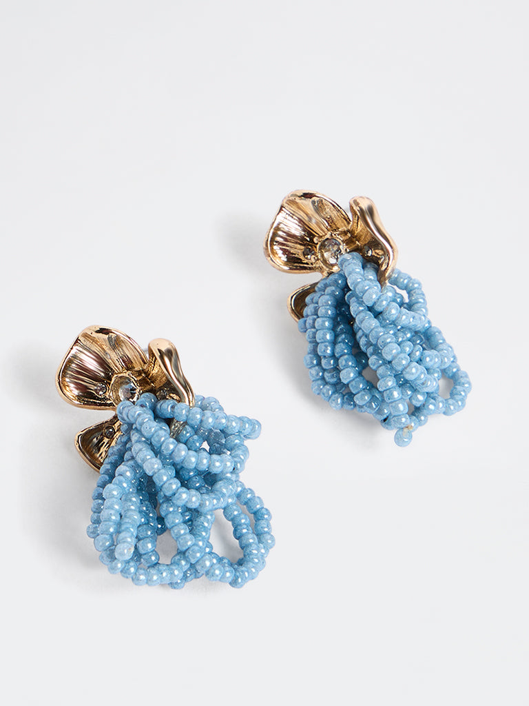 Westside Accessories Gold and Blue Beaded Floral Stud Earrings