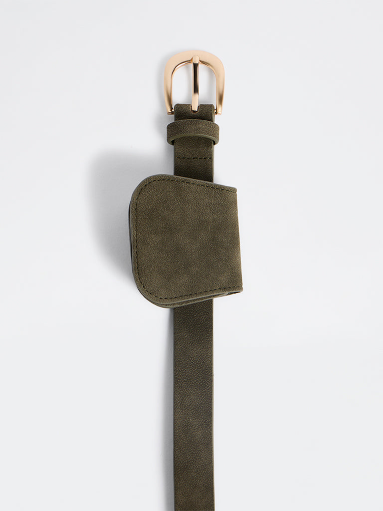 Westside Accessories Olive U-Buckle Suede Belt with Pouch