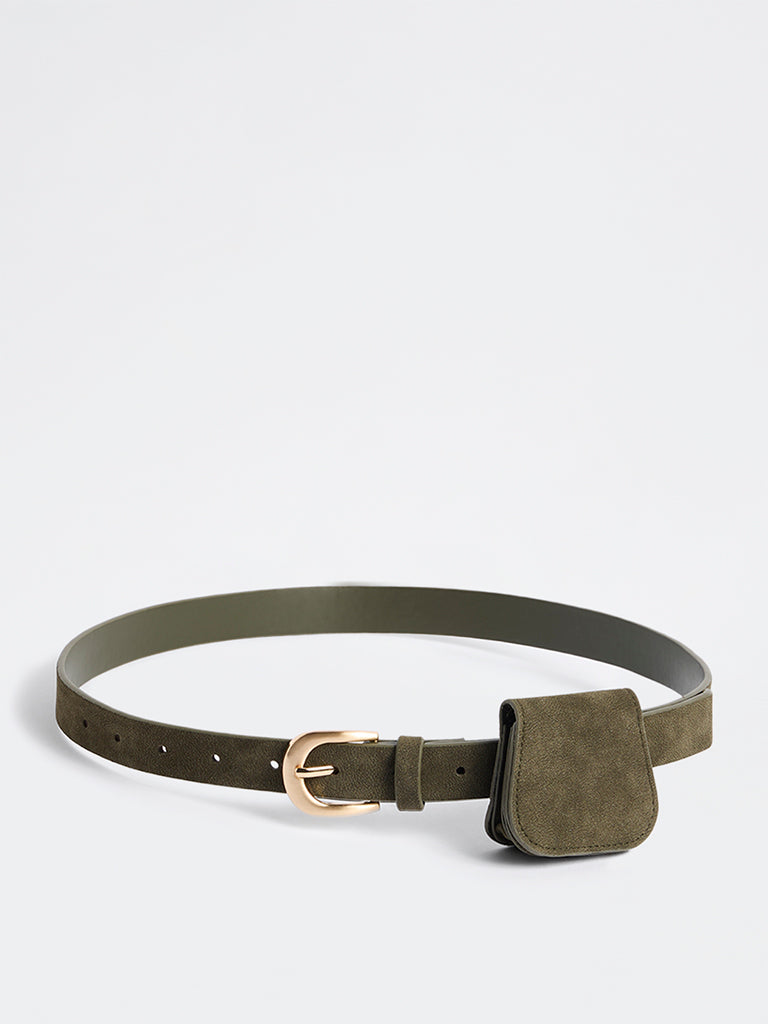 Westside Accessories Olive U-Buckle Suede Belt with Pouch