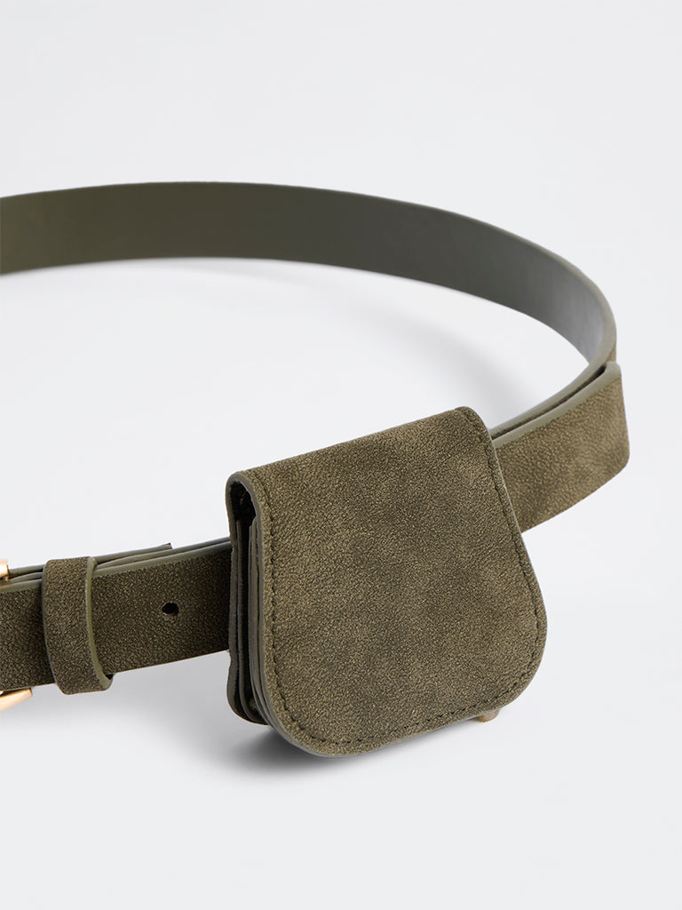 Westside Accessories Olive U-Buckle Suede Belt with Pouch