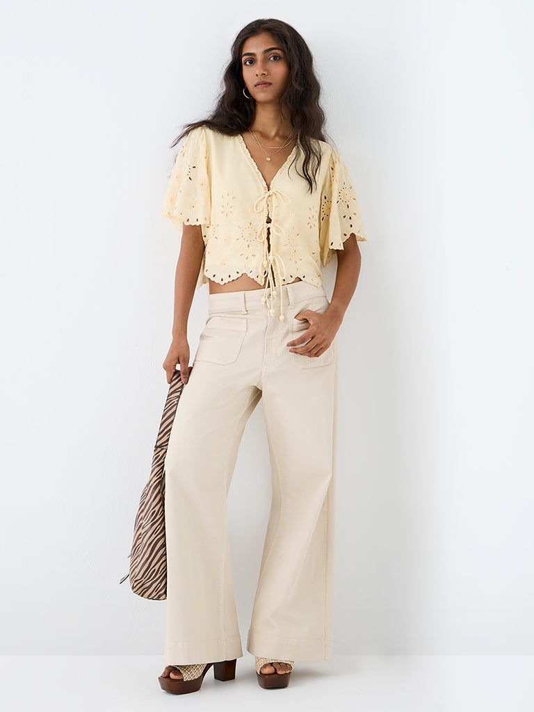 LOV Light Yellow Schiffli Embroidered Blouse