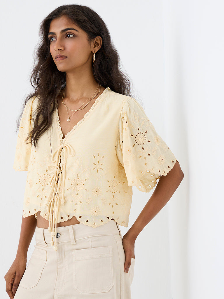 LOV Light Yellow Schiffli Embroidered Blouse