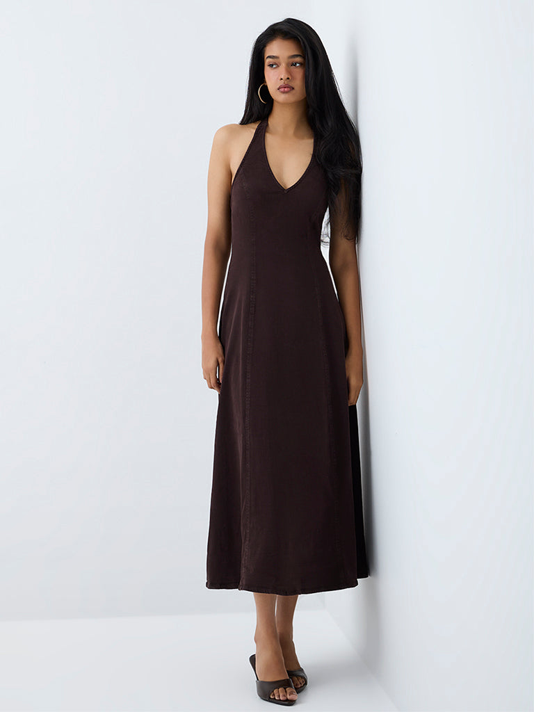 LOV Dark Brown Halter-Neck A-Line Midi Denim Dress