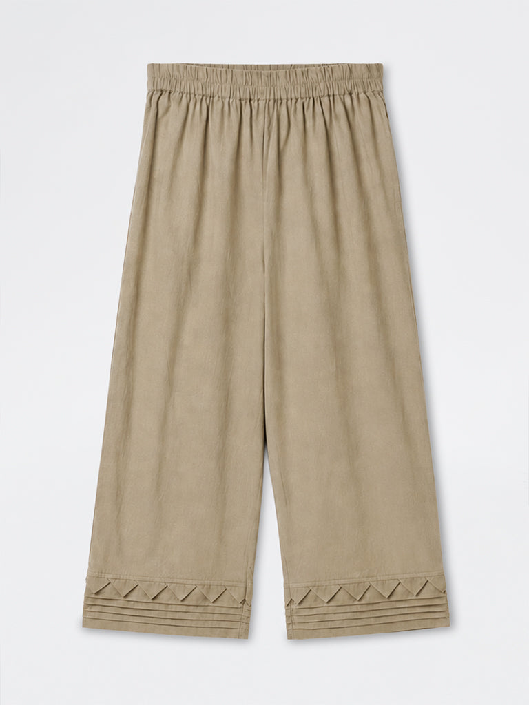 Diza Khaki Pintuck-Detail Cotton-Blend Pants